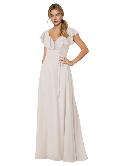 Tie Neck Chiffon Bridesmaid Dress with Flutter Sleeves