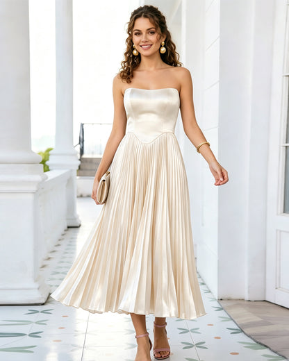 Strapless Corset Tea Length Formal Dress with Pleated dress