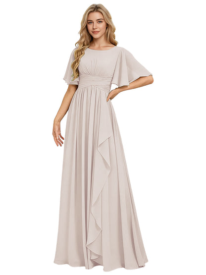 Flutter Sleeve Chiffon Bridesmaid Dress with Tiered Front Ruffle