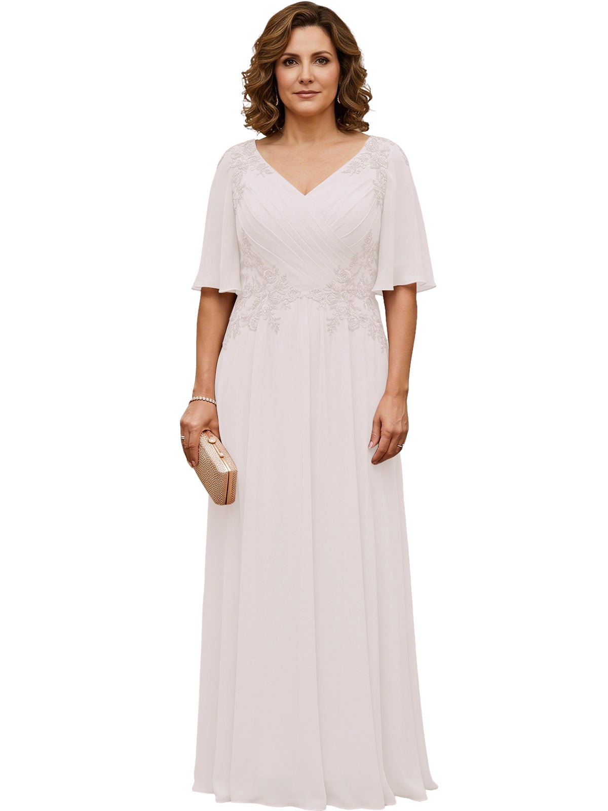Mother of the Bride Dress Long Chiffon A-Line Gown with Flutter Sleeves and Beaded Lace