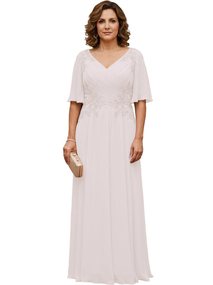 Mother of the Bride Dress Long Chiffon A-Line Gown with Flutter Sleeves and Beaded Lace