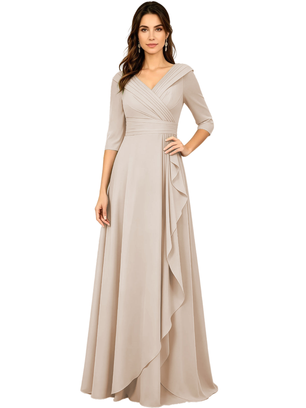 Long V-Neck Mother of the Bride Dress Chiffon Half Sleeve A-Line Gown with Side Ruffle