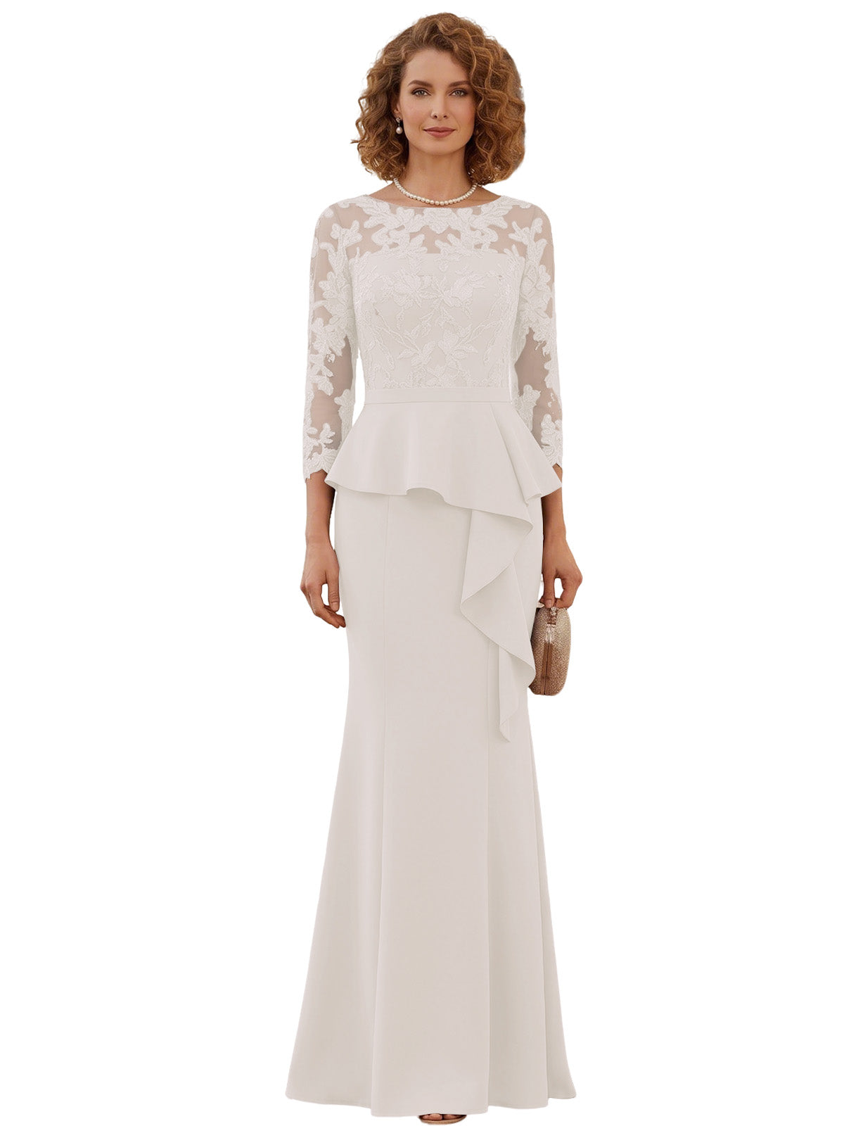 Long Mother of the Bride Dress Lace Illusion Bodice Peplum Mermaid Formal Evening Gown