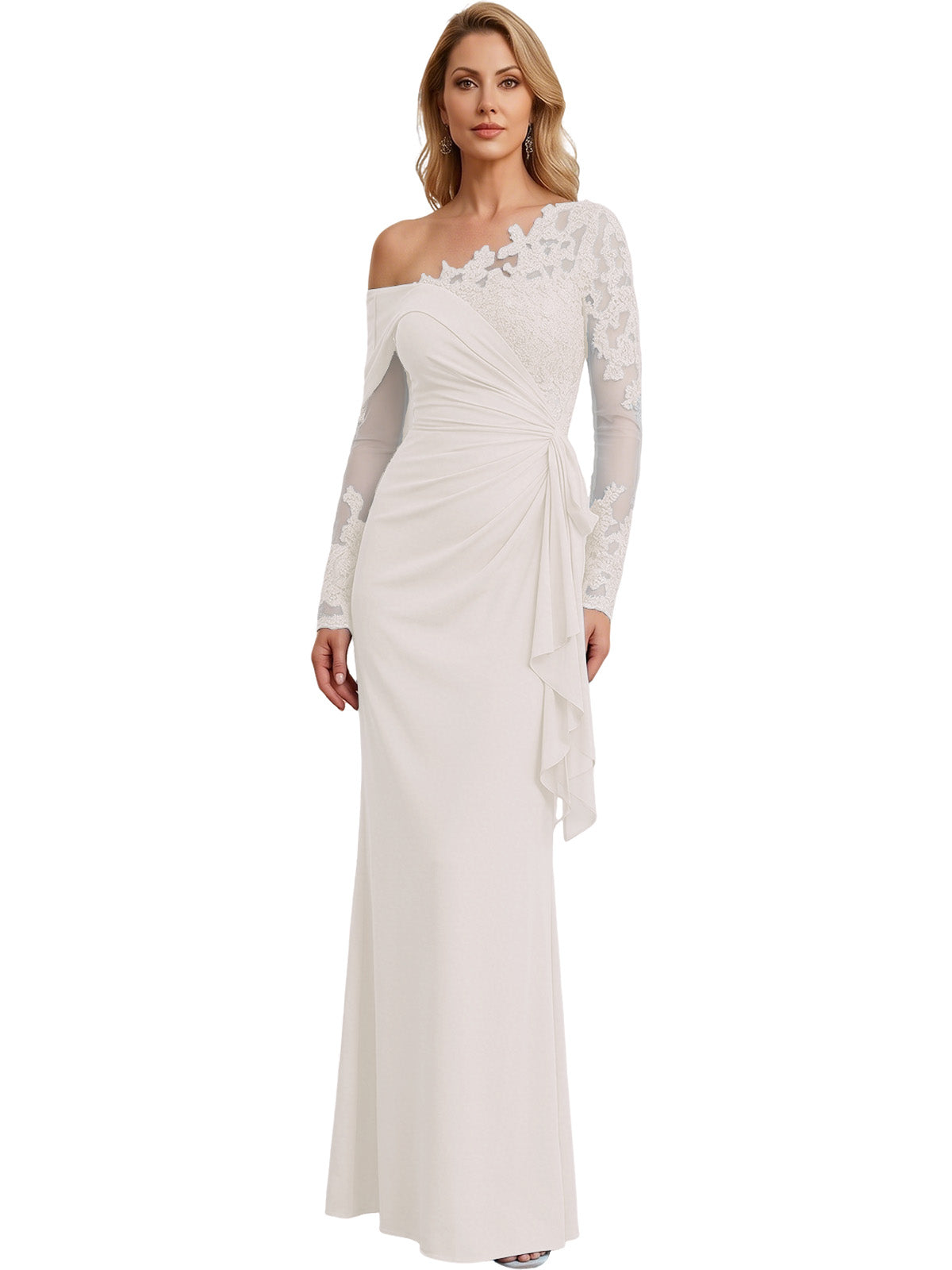 One Shoulder Mother of the Bride Gown Long Lace Sleeve Mermaid Dress with Draped Ruffle