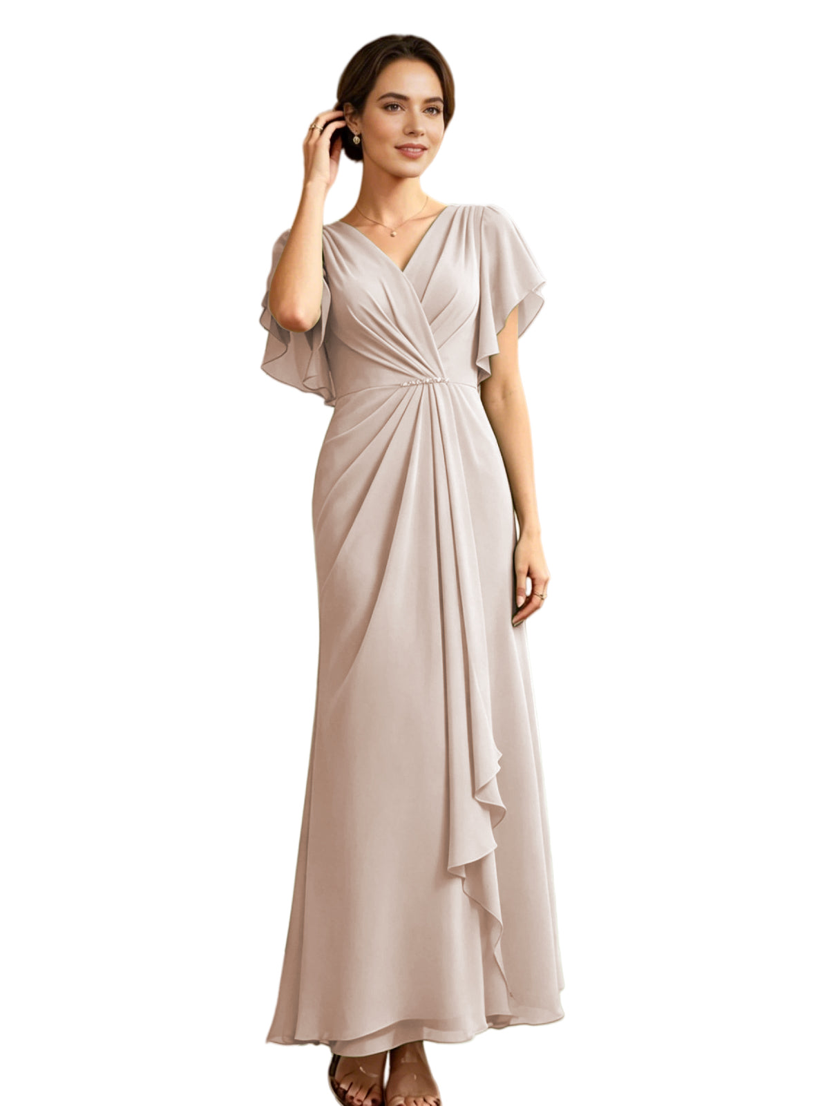 Long Chiffon Mother of the Bride Dress V-Neck Flutter Sleeve A-Line Gown with Beaded Waist
