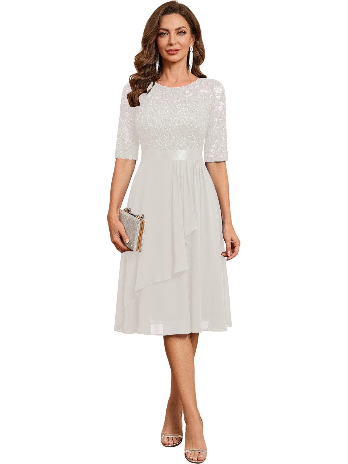 Knee Length Mother of the Bride Dress Sequined Lace Bodice Chiffon Skirt Formal Guest Outfit