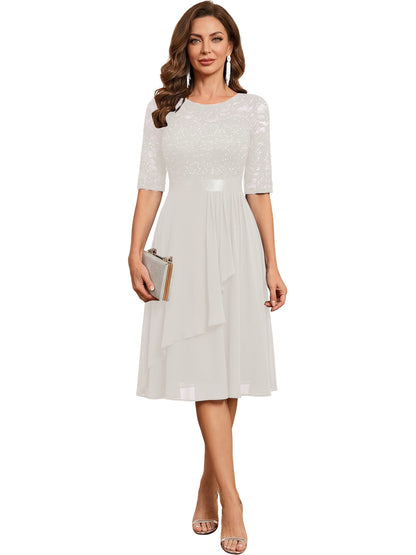 Ivory Knee Length Mother of the Bride Dress Sequined Lace Bodice Chiffon Skirt Formal Guest Outfit color option