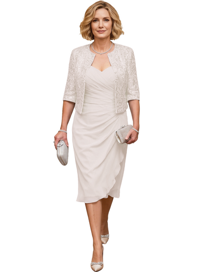Mother of the Bride Dress with Jacket Tea Length Ruched Chiffon Wedding Guest Outfit
