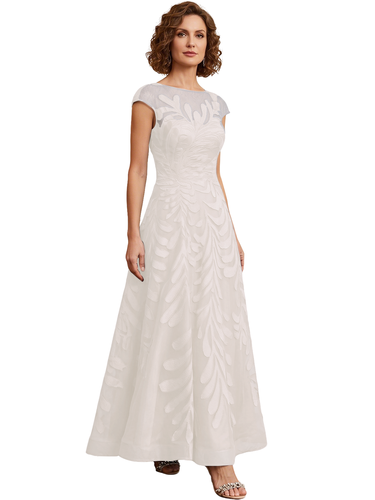 Embroidered Tulle Mother of the Bride Dress Long A-Line Gown with Illusion Cap Sleeves