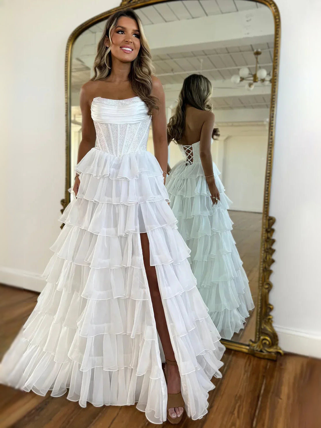 Corset Tiered Ruffled Slit Sweetheart A-Line Maxi Chiffon Prom Dress for Awards Dinner