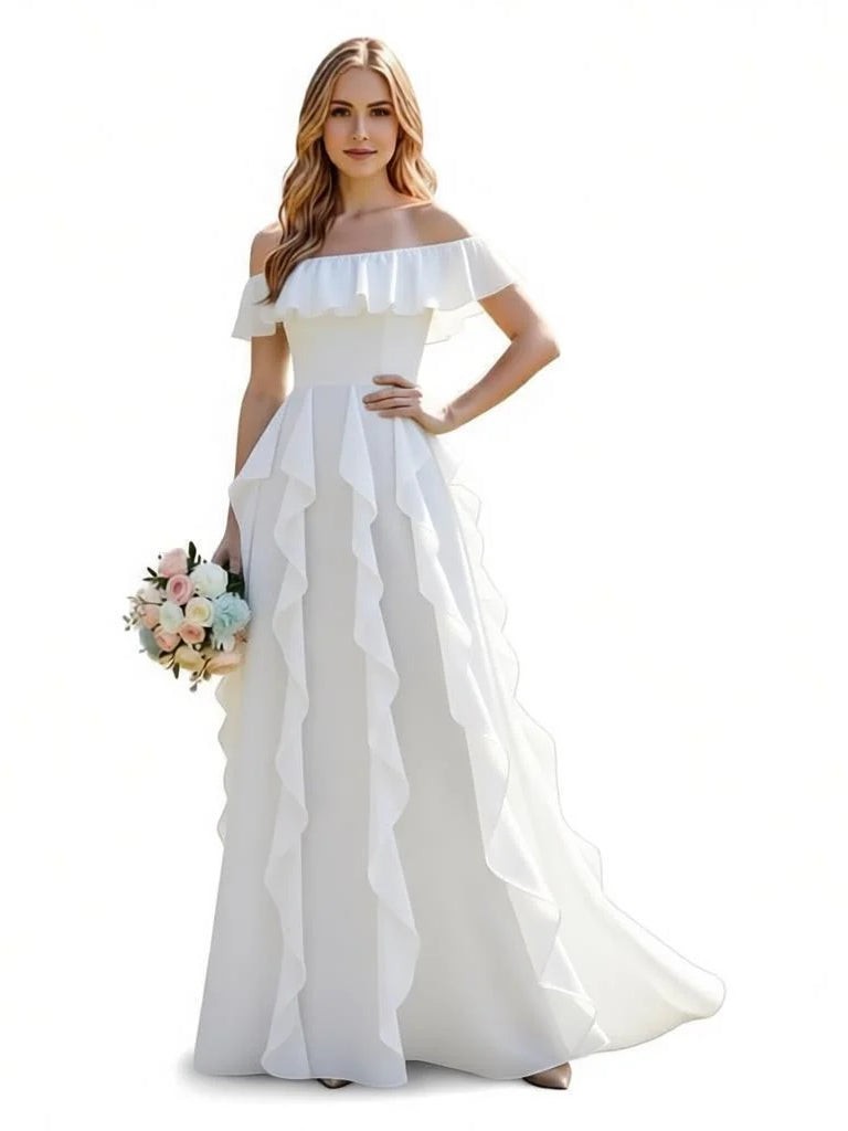 Draped Layered Ruffled Backless Off Shoulder A-Line Maxi Chiffon Bridesmaid Dress for Wedding Reception