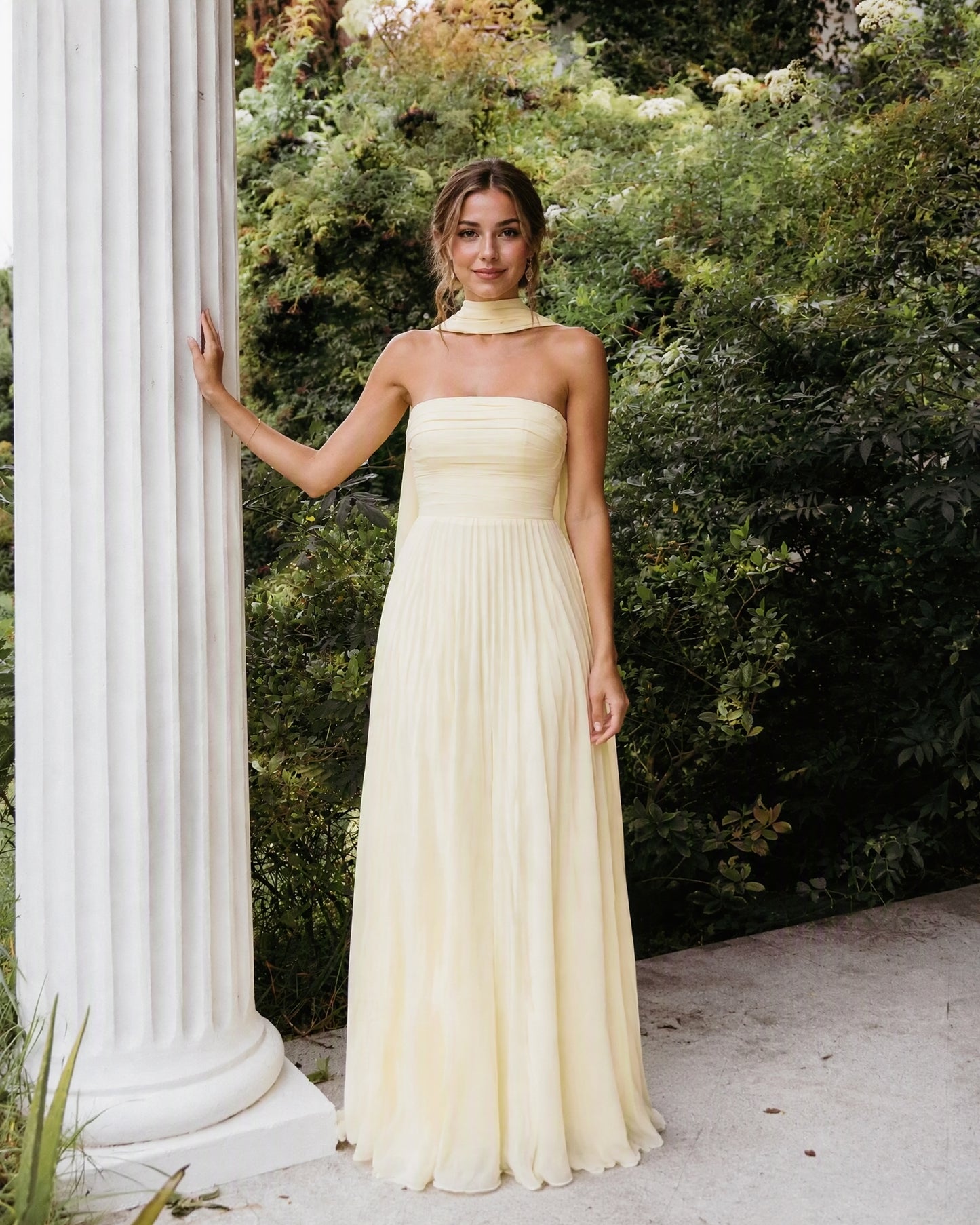 Strapless Chiffon A-Line Bridesmaid Dress with Neck Scarf and Lace-Up Back
