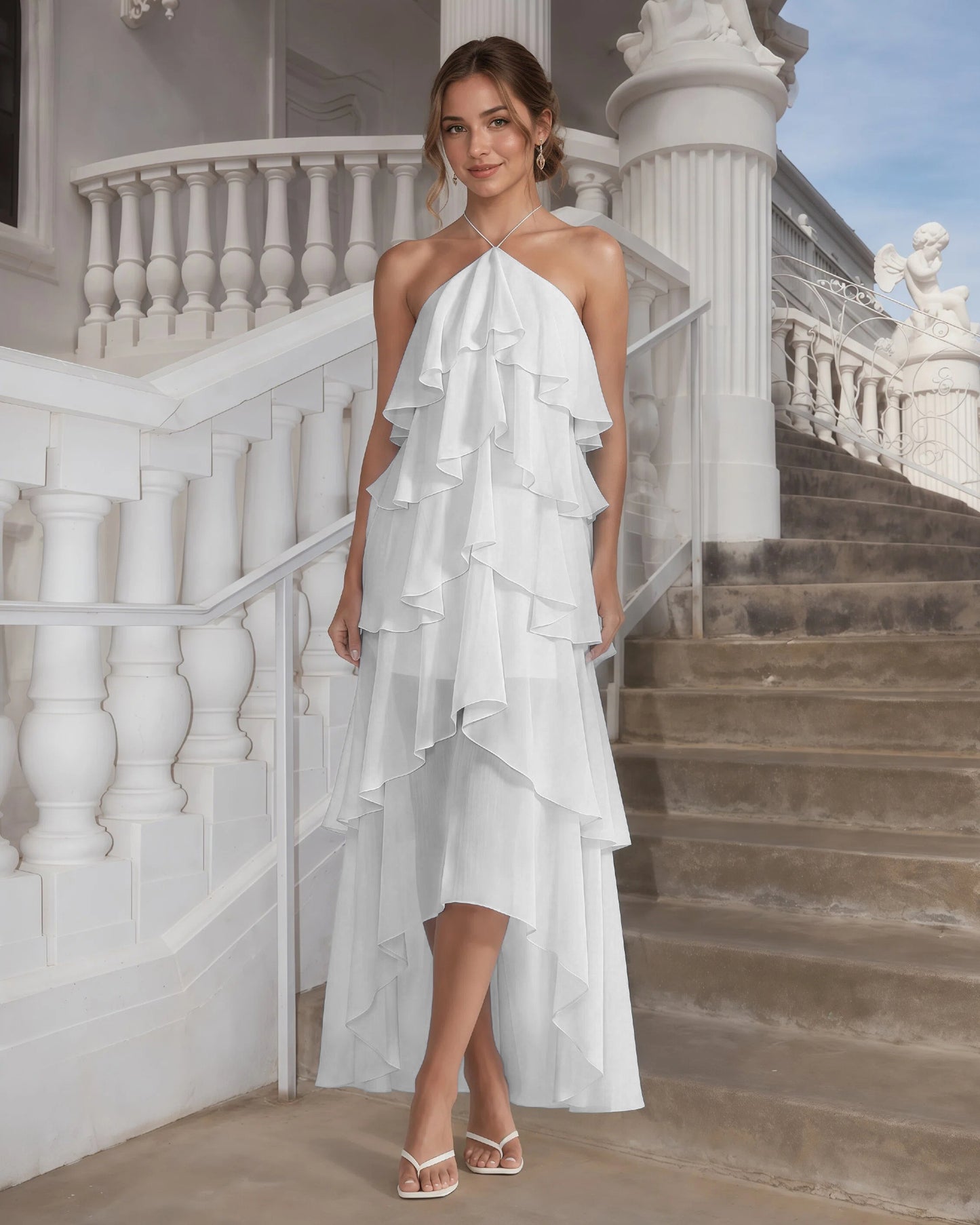 One-Shoulder Tiered Ruffle High-Low Chiffon Formal Dress
