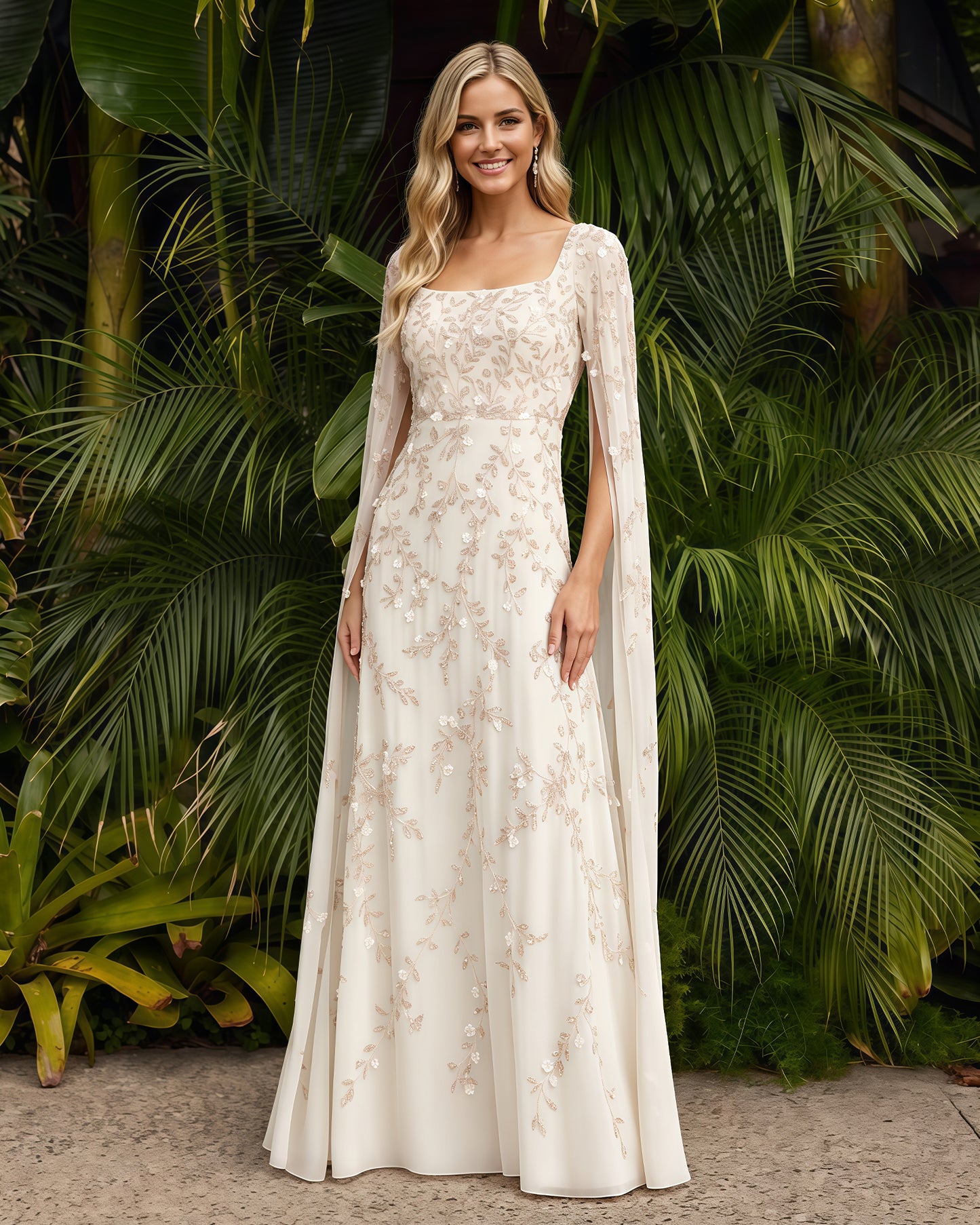 Square-Neck Long-Sleeve Lace A-Line Formal Dress