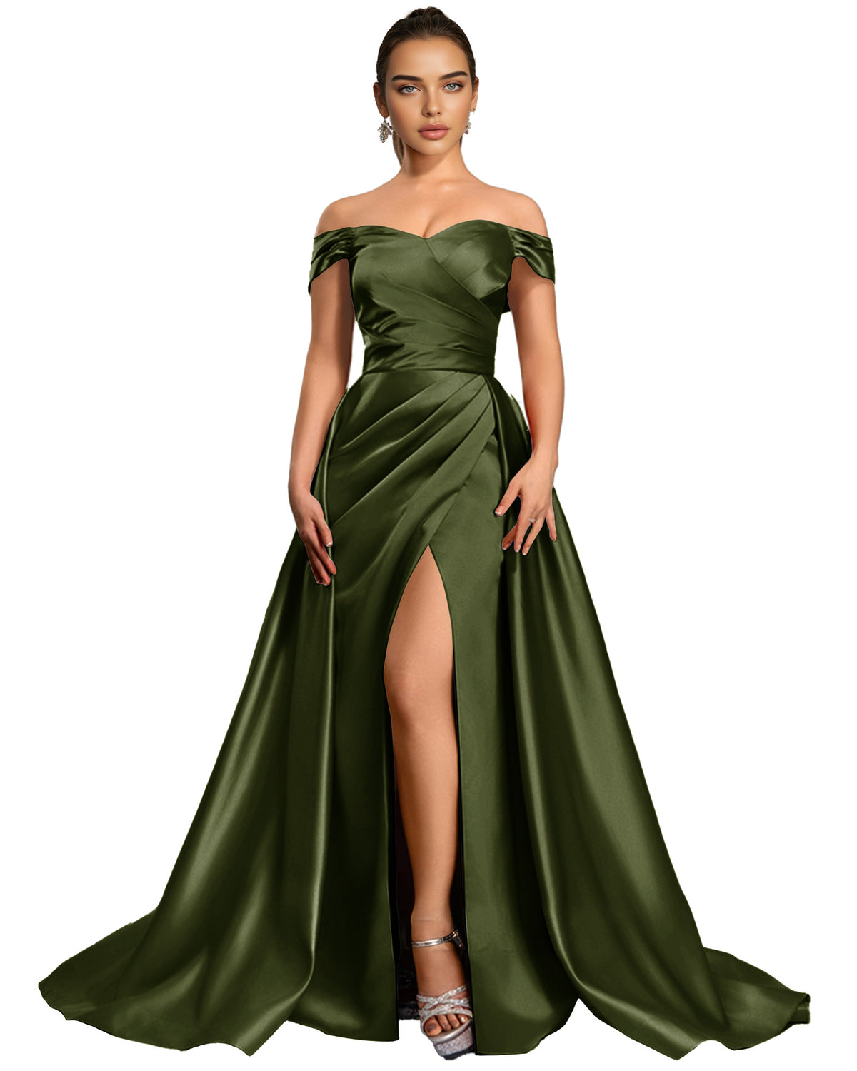 Off Shoulder Satin Ball Gown Prom Dress with Draped Bodice and Slit