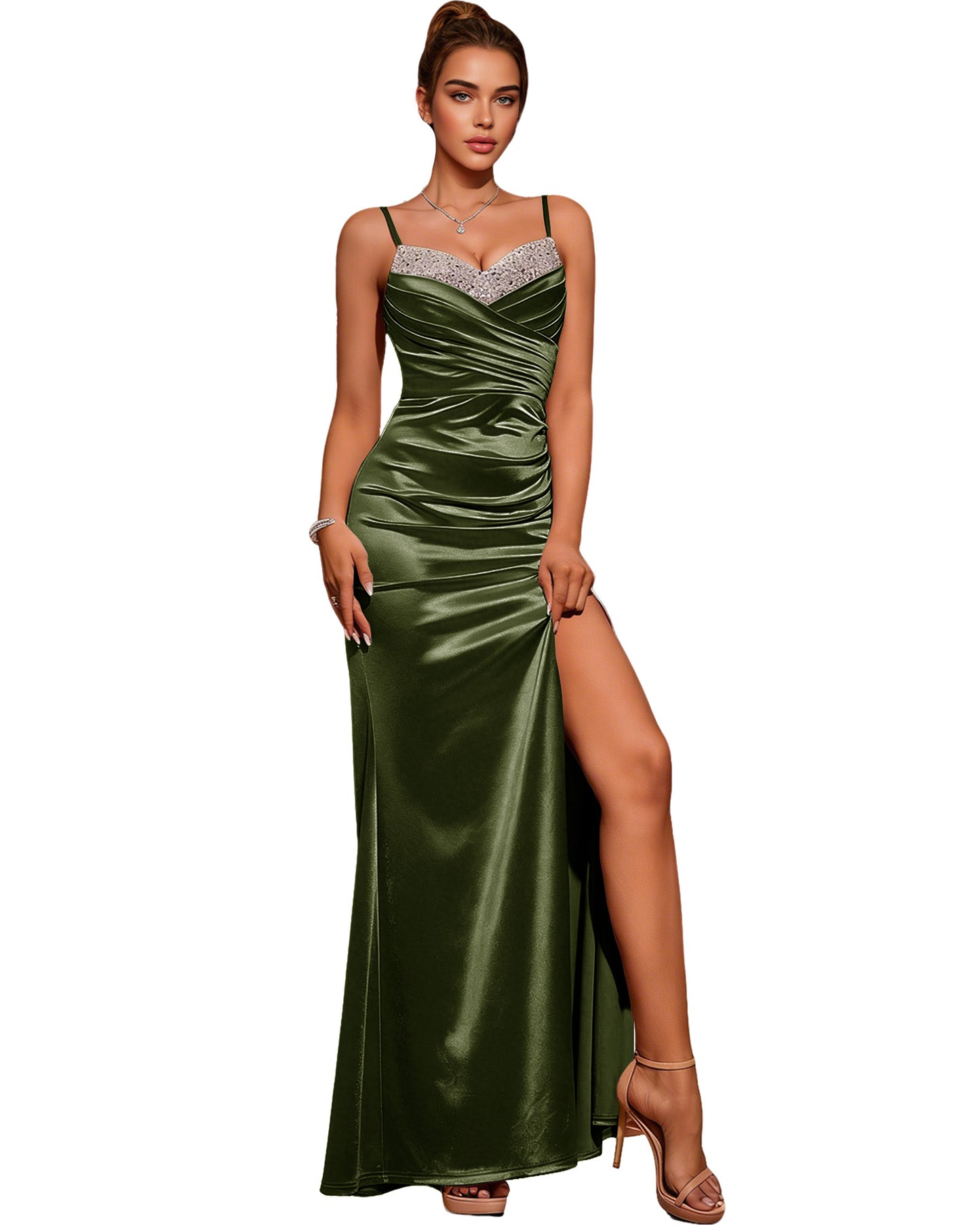 Strapless Pleated Satin Column Prom Dress with Draped Bodice and Slit