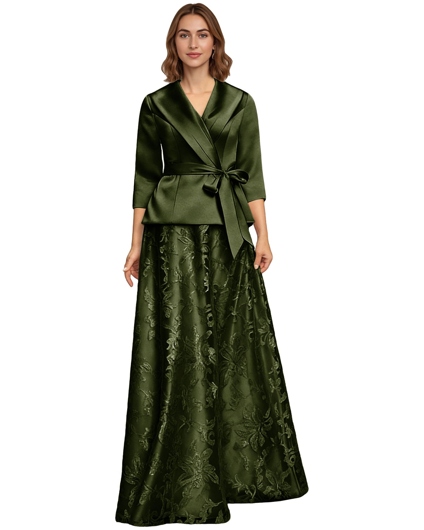 Two Piece Mother of the Bride Dress Satin Wrap Top Embroidered Long Skirt Formal Set