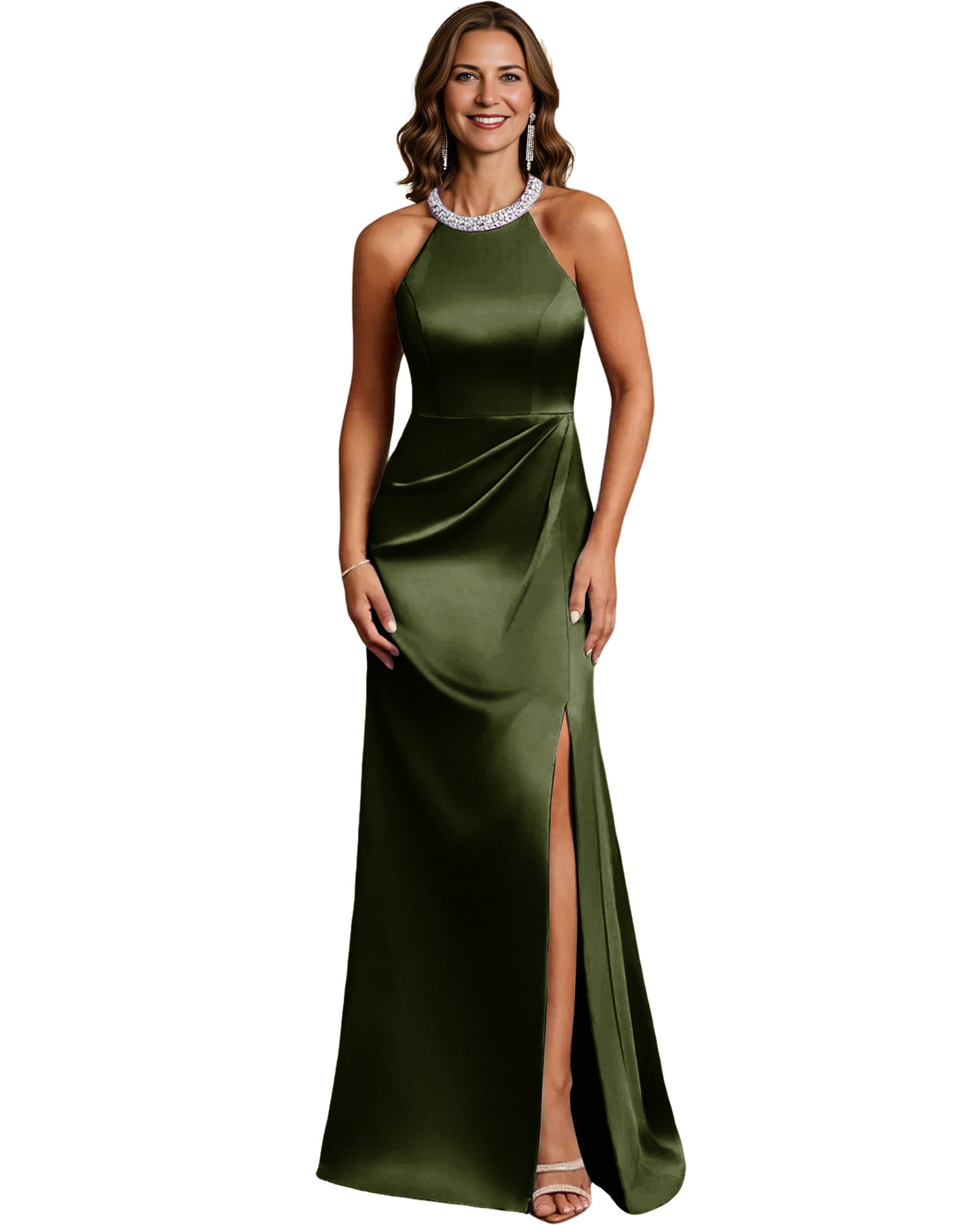 Halter Neck Mother of the Bride Dress Satin Mermaid Gown with Beaded Collar and Slit
