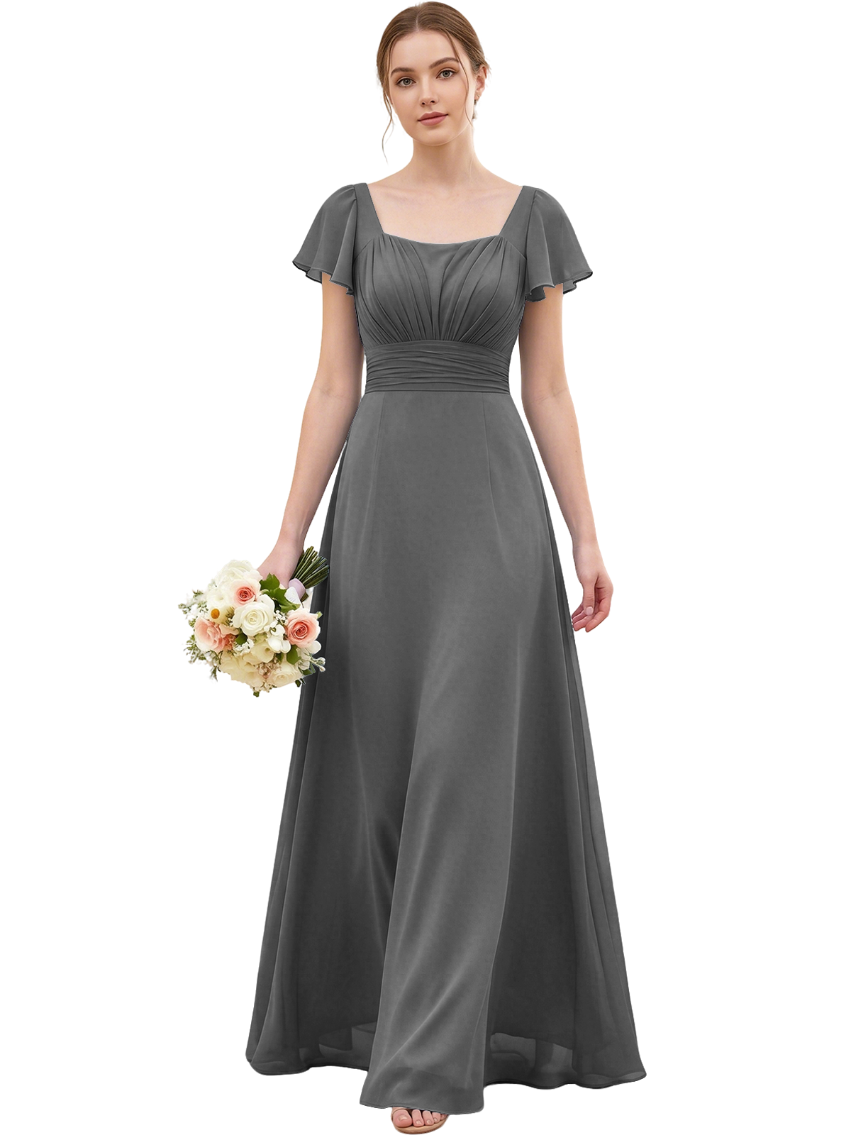Square Neck Chiffon Bridesmaid Dress with Flutter Sleeves and Lace-Up Back