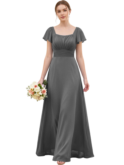 Square Neck Chiffon Bridesmaid Dress with Flutter Sleeves and Lace-Up Back