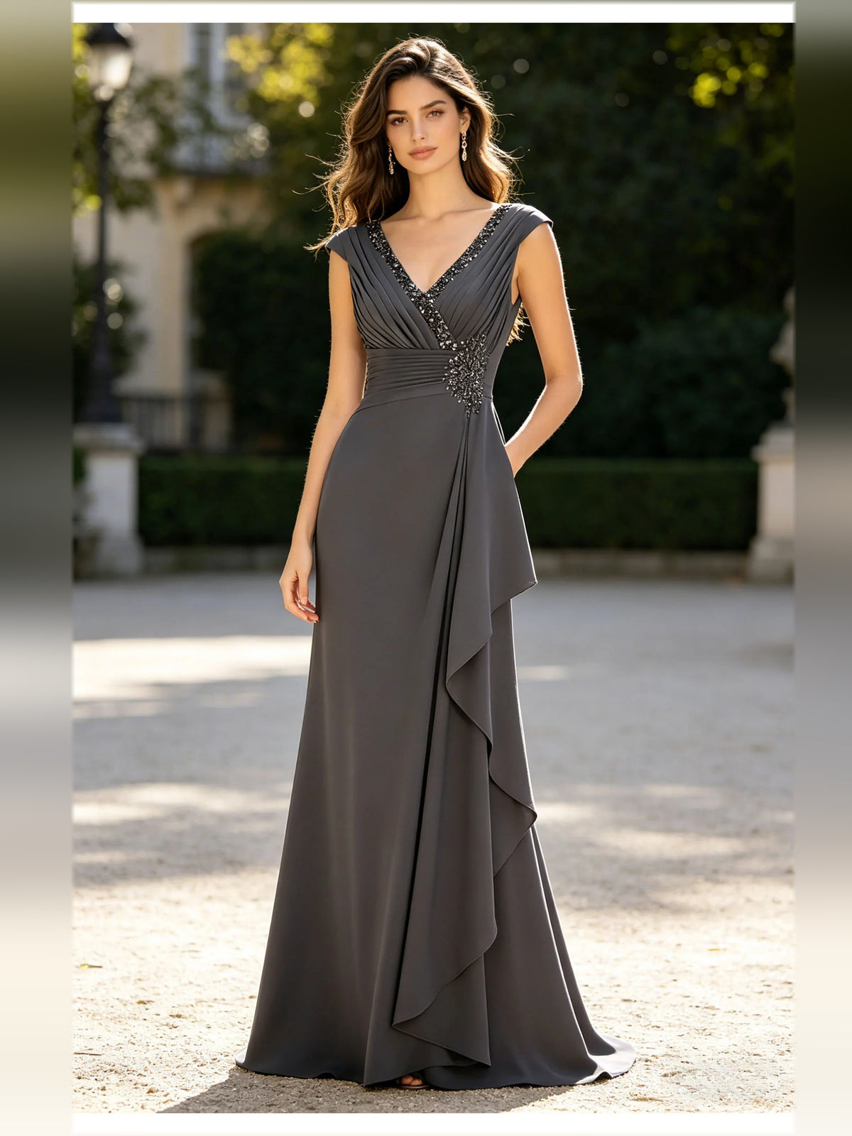 V Neck Ruching Pleats Floor-Length Elegant Formal Dress