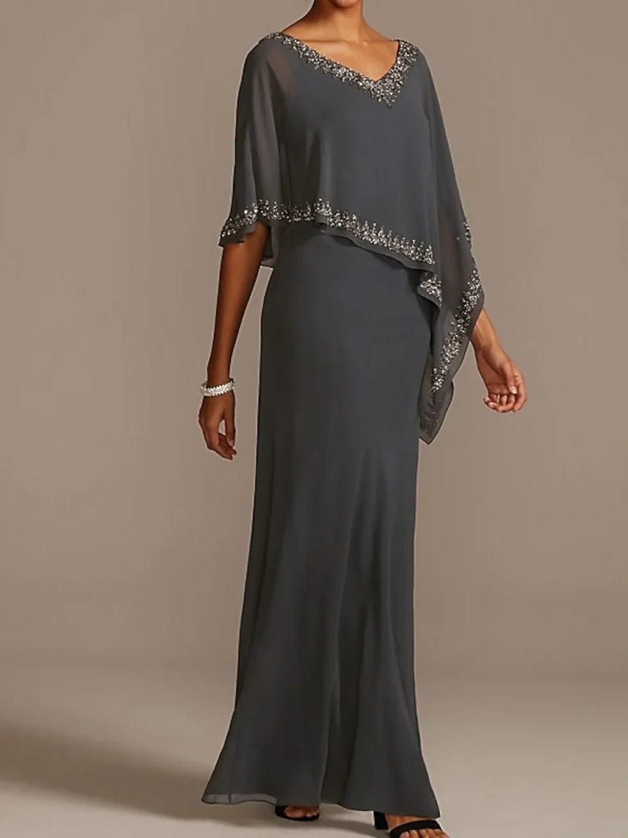 Beaded V Neck A-Line Maxi Chiffon Mother of the Bride Dress for Engagement Dinner