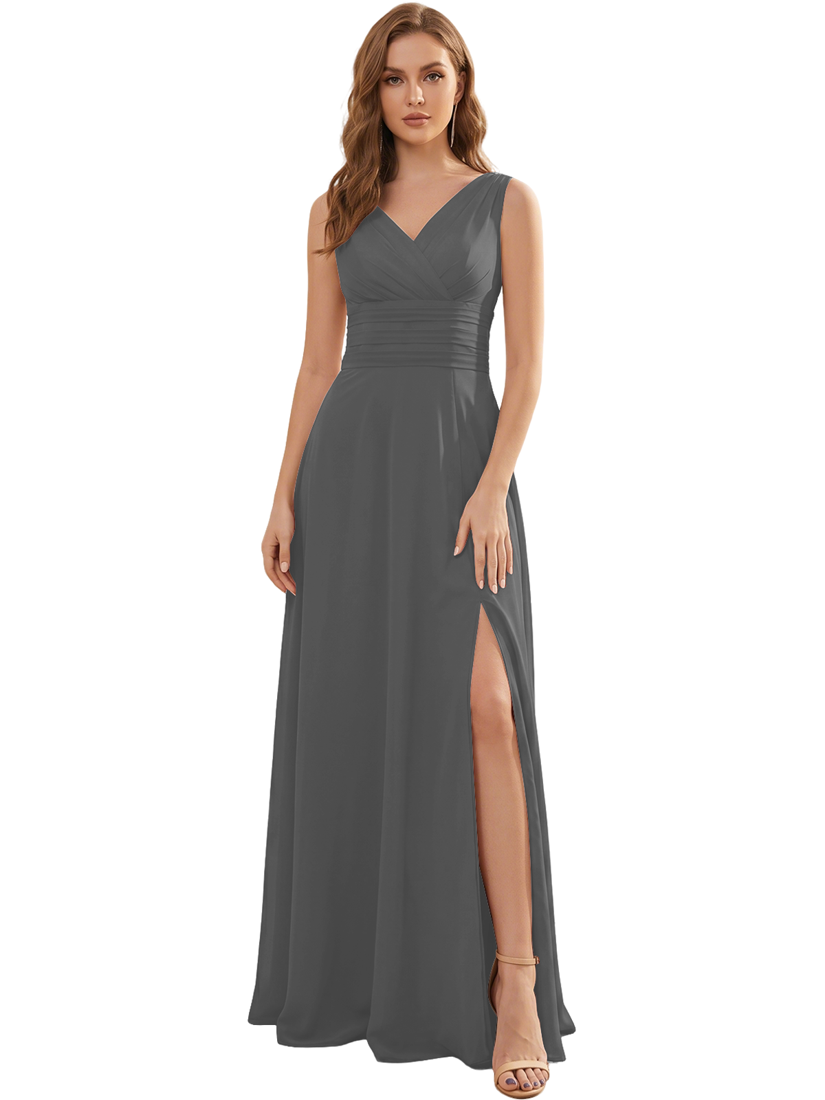 V-Neck Chiffon Bridesmaid Dress with Ruched Waist and Slit