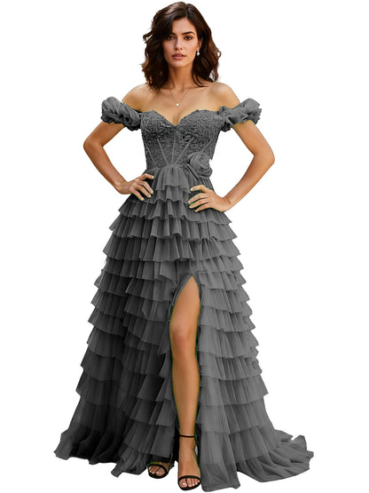 Off Shoulder Tulle Ball Gown Prom Dress with Ruffle Sleeves and Slit
