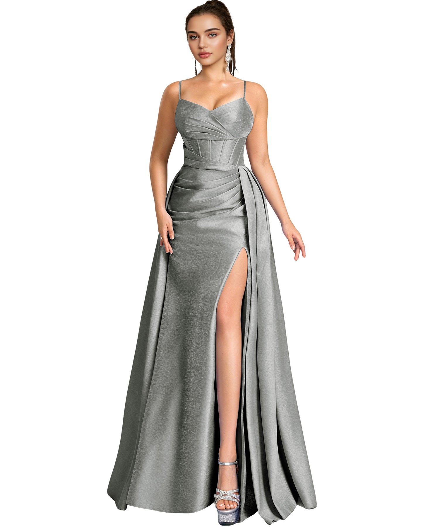 One Shoulder Satin A-Line Prom Dress with Wrap Bodice and Side Slit