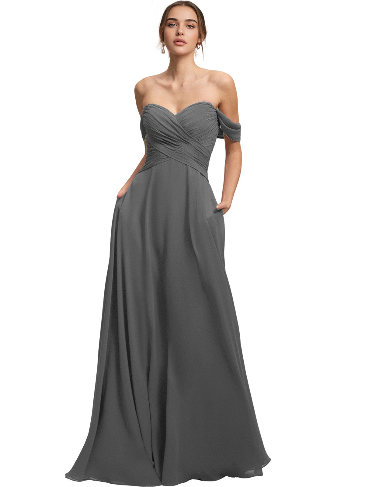 Off Shoulder Chiffon Bridesmaid Dress with Draped Bodice and A-Line Dress
