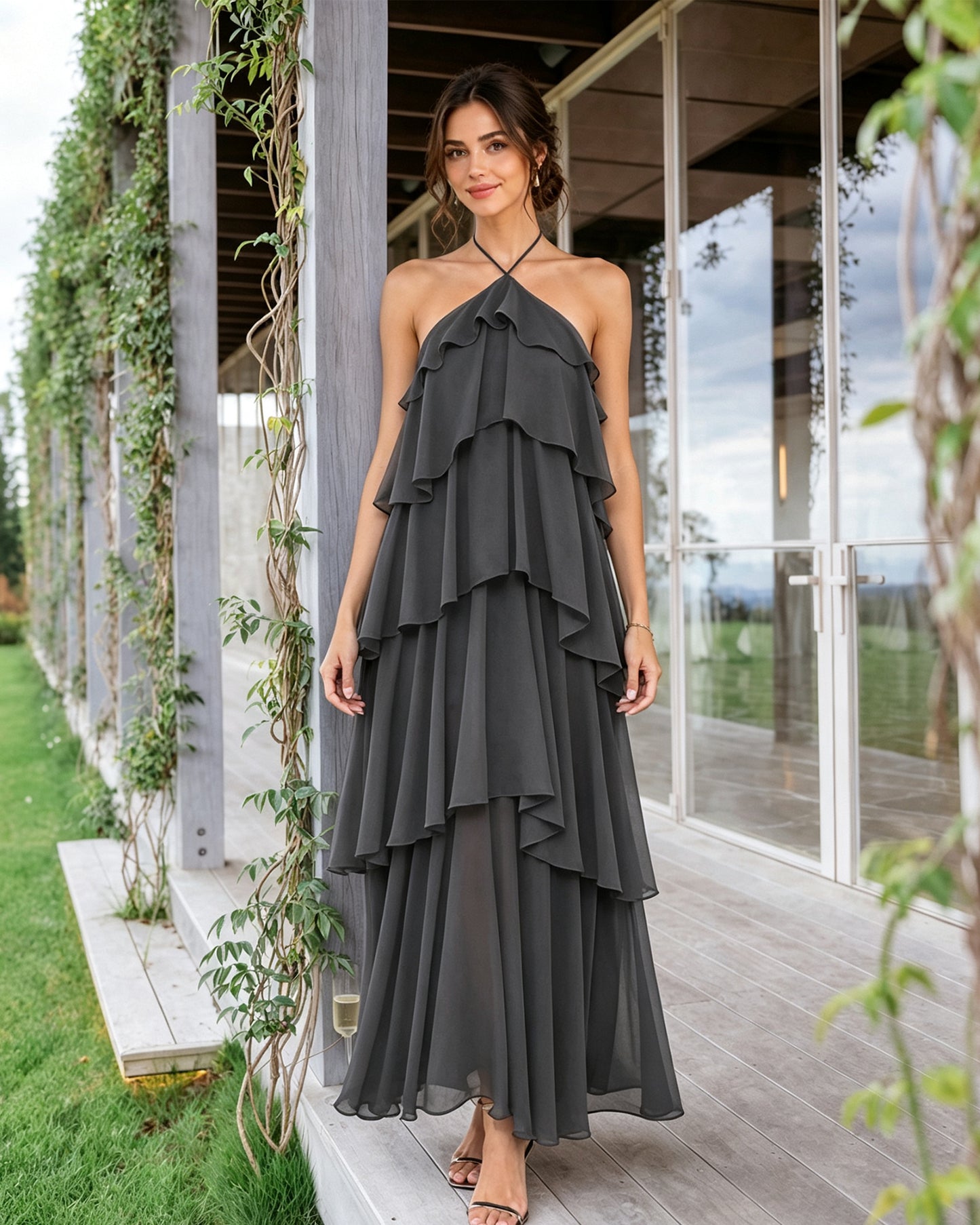 Halter Neck Tiered Chiffon Bridesmaid Dress with Ruffle Overlay