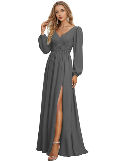 Long Sleeve V-Neck Chiffon Bridesmaid Dress with Front Slit