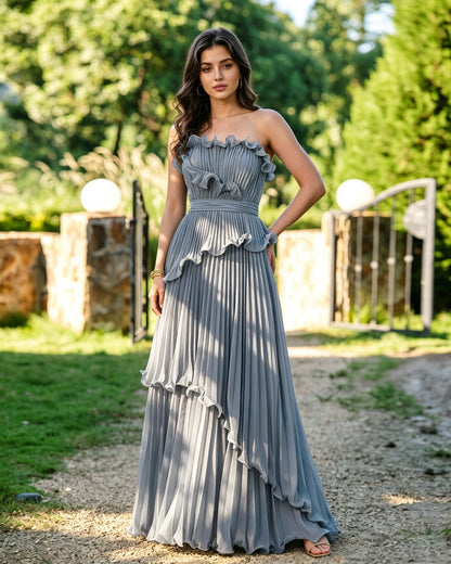 Strapless Ruffle Pleated Formal Dress with Tiered Dress