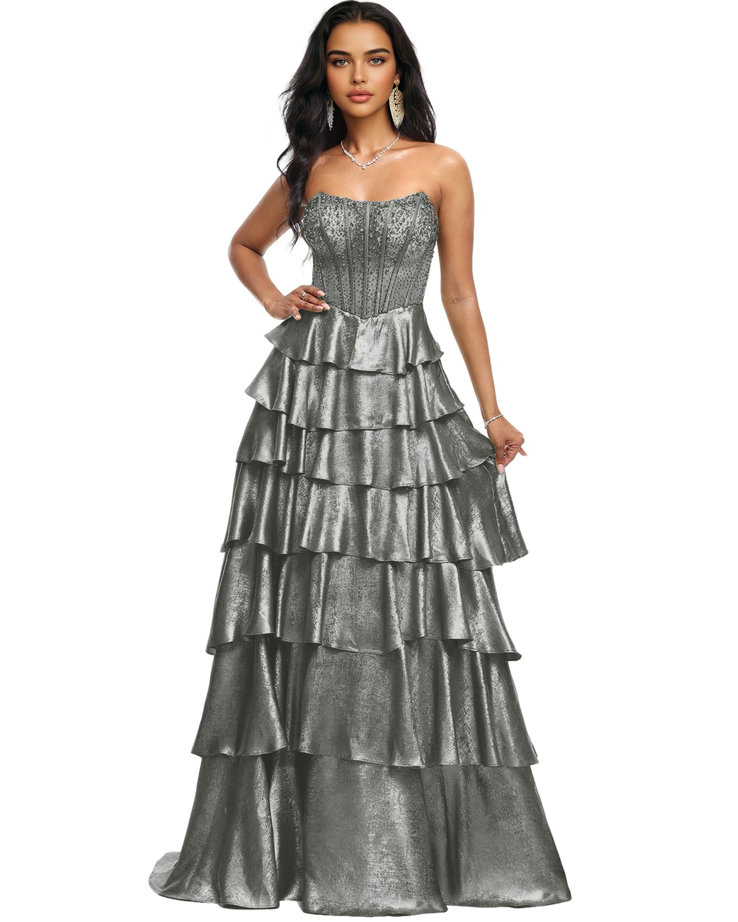 Strapless Tiered Sequin A-Line Prom Dress with Ruffle Layers