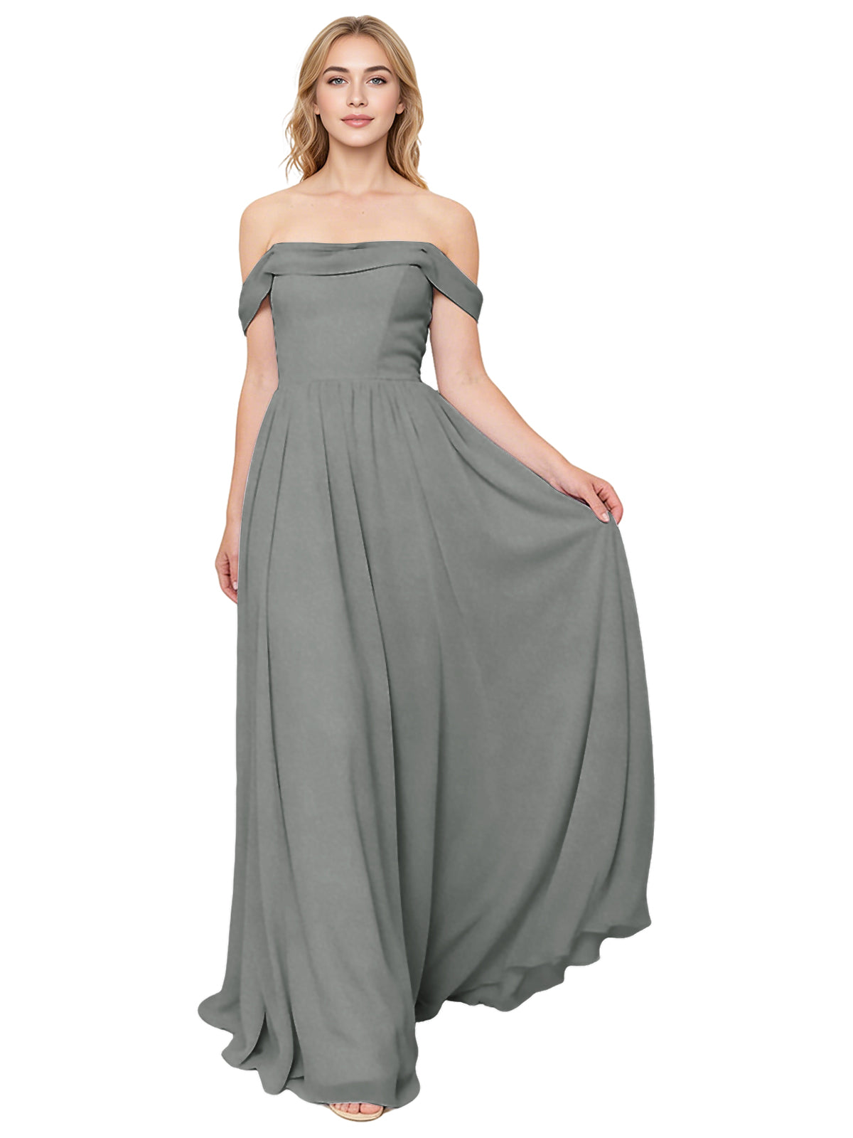 Off Shoulder Pleated Chiffon Bridesmaid Dress with Flowing A-Line Dress