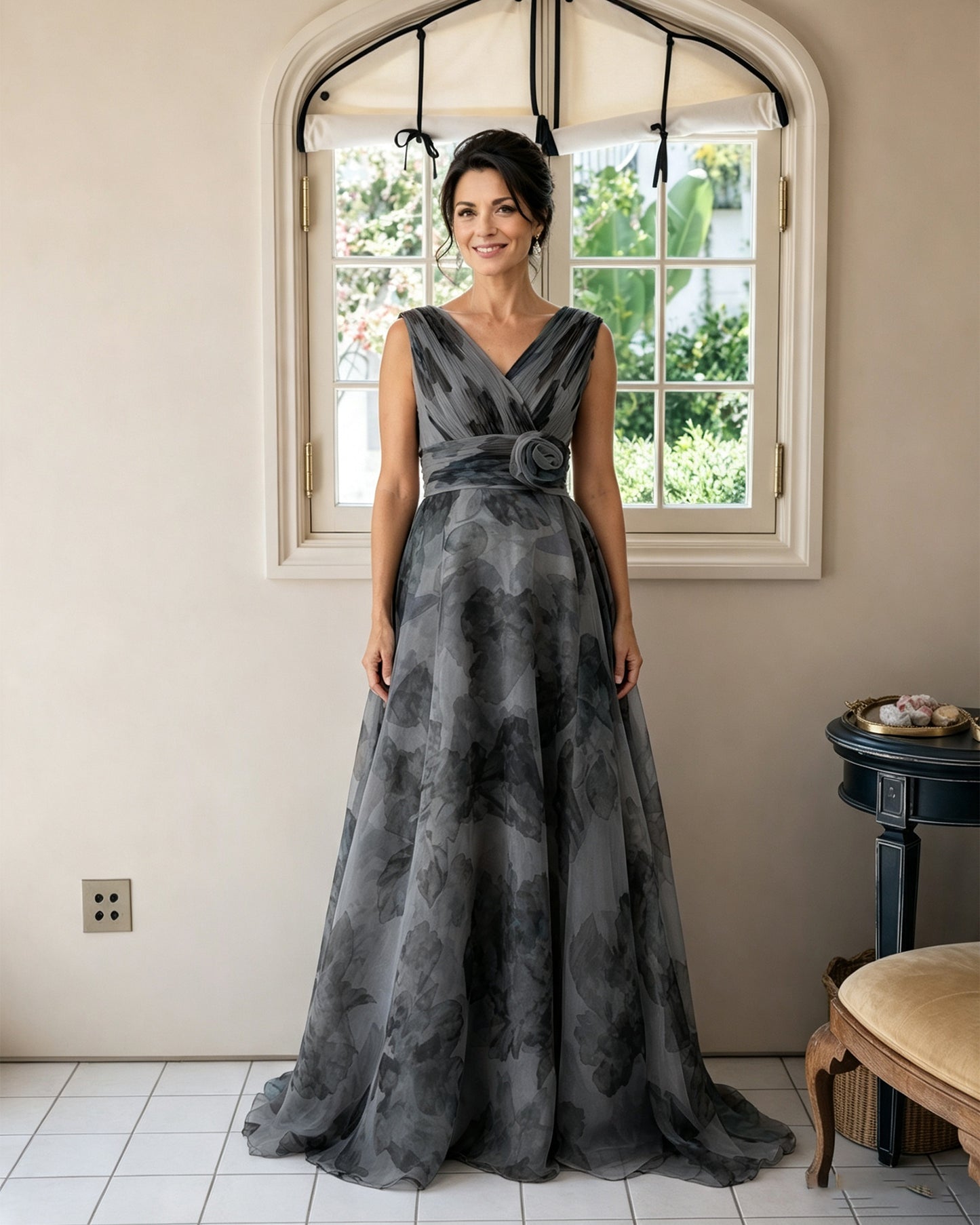 Floral Print V-Neck Chiffon Mother of the Bride Dress with Rosette Sash