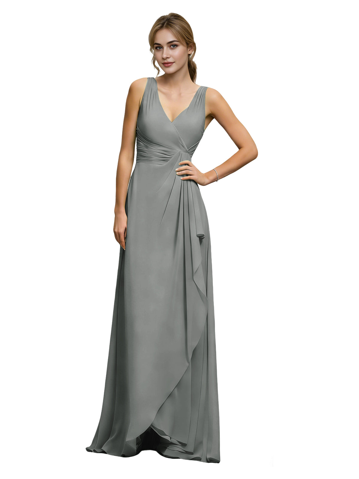 Halter V-Neck Chiffon Bridesmaid Dress with Draped Sash Waist