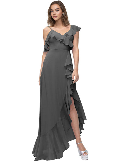 Asymmetrical Ruffle Chiffon Bridesmaid Dress with High Low Slit