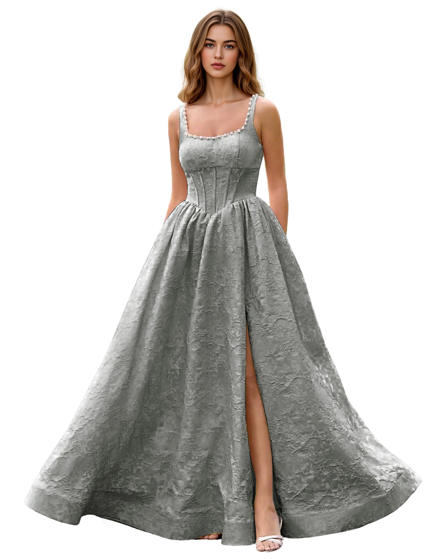 Square Neck Jacquard Ball Gown Prom Dress with Wide Straps and Pockets