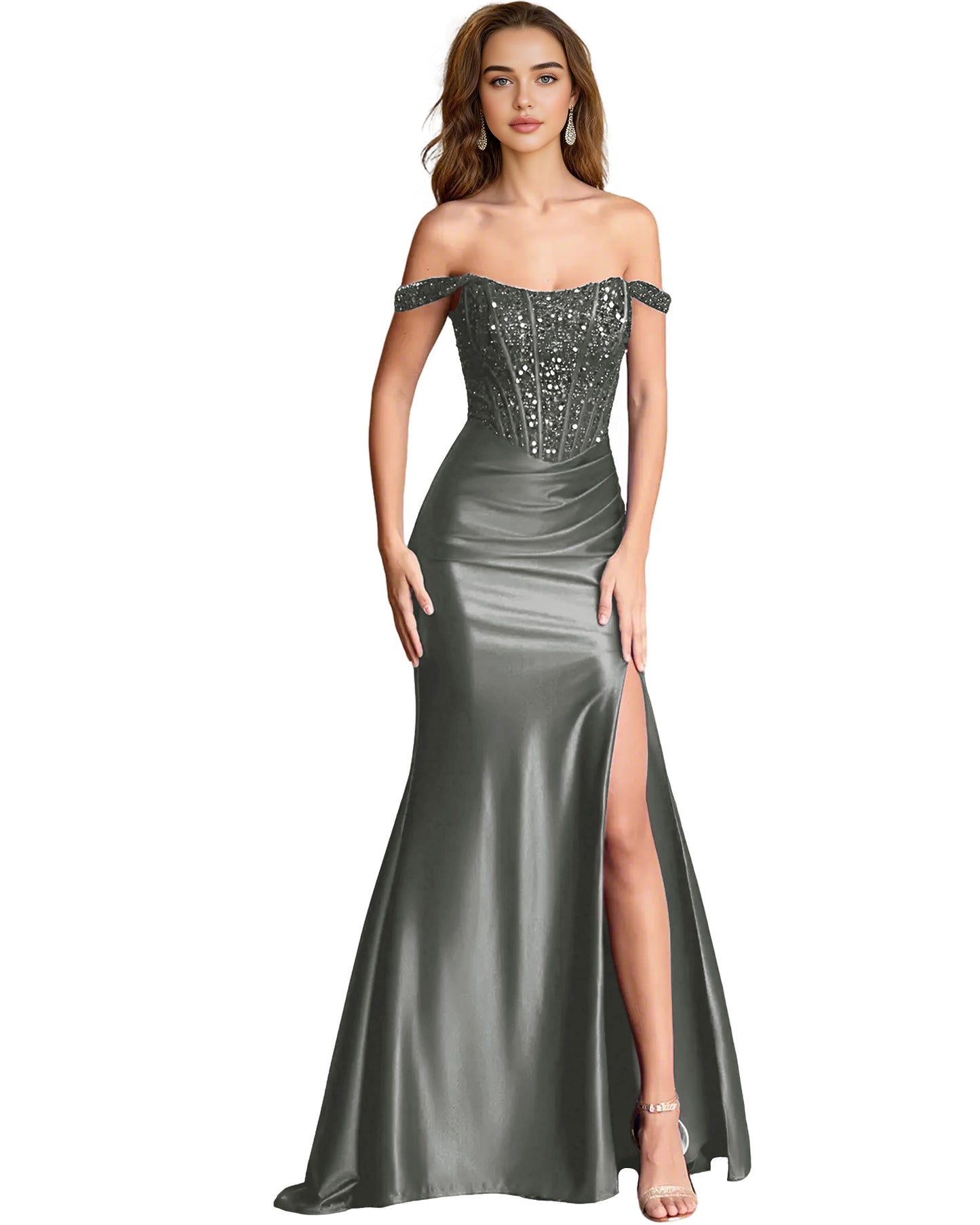 Off Shoulder Sequin Satin Mermaid Dress with Draped dress Slit