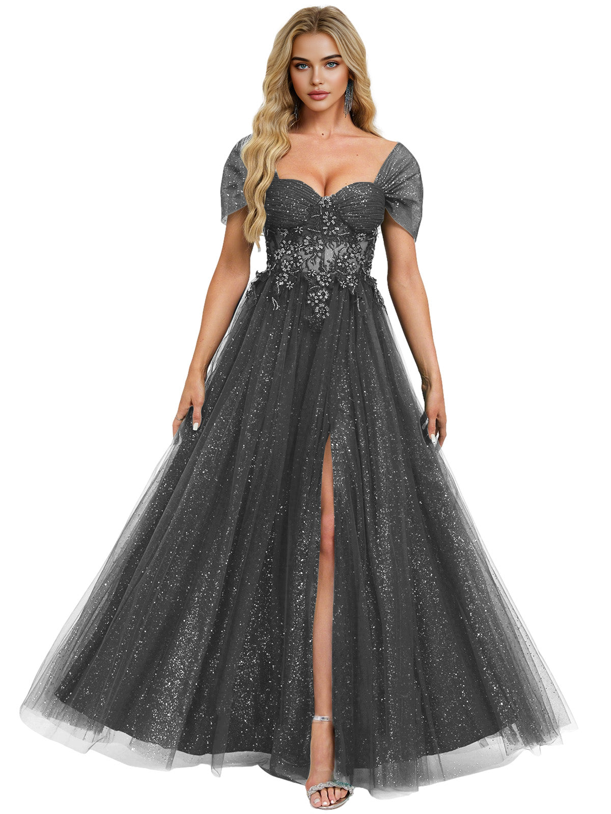 Short Sleeve Glitter Tulle Prom Dress with Illusion Bodice and Slit