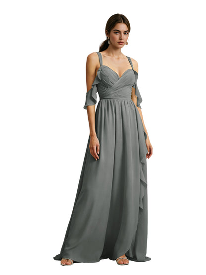 Cold Shoulder Chiffon Bridesmaid Dress with Draped V-Neck Bodice