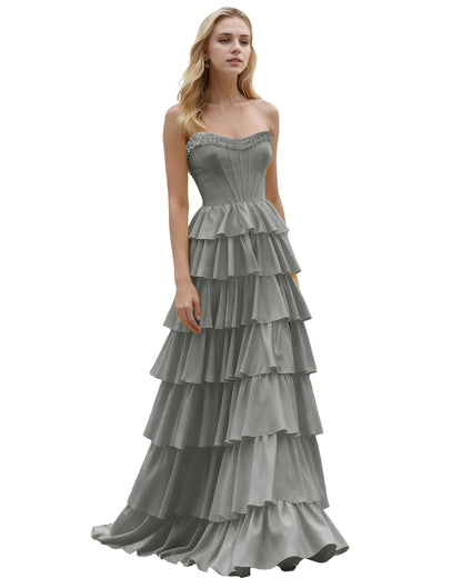 Strapless Tiered Ruffle A-Line Prom Dress with Corset Bodice