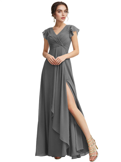 Cap Sleeve Chiffon Bridesmaid Dress with Ruffle V-Neck and Slit