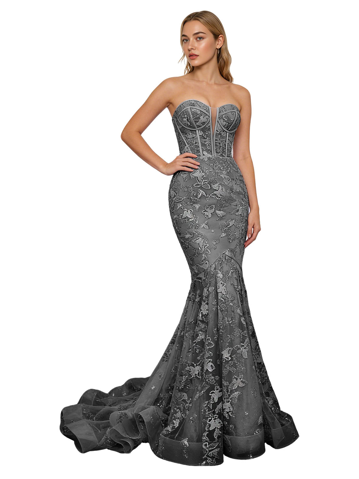 Strapless Lavender Lace Mermaid Prom Dress with Sheer Corset and Train