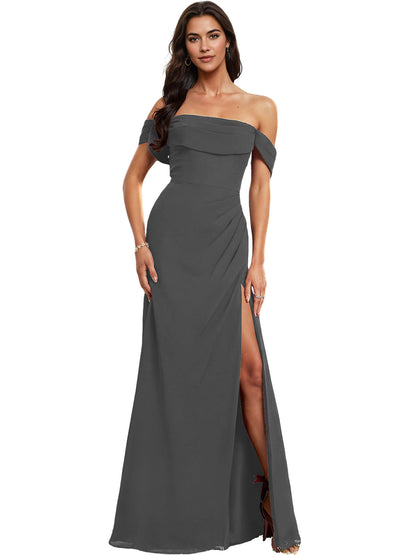 Off Shoulder Crepe Bridesmaid Dress with Foldover Neckline and Slit