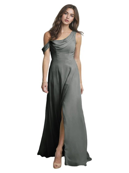 One Shoulder Satin Bridesmaid Dress with Draped Neckline and Slit