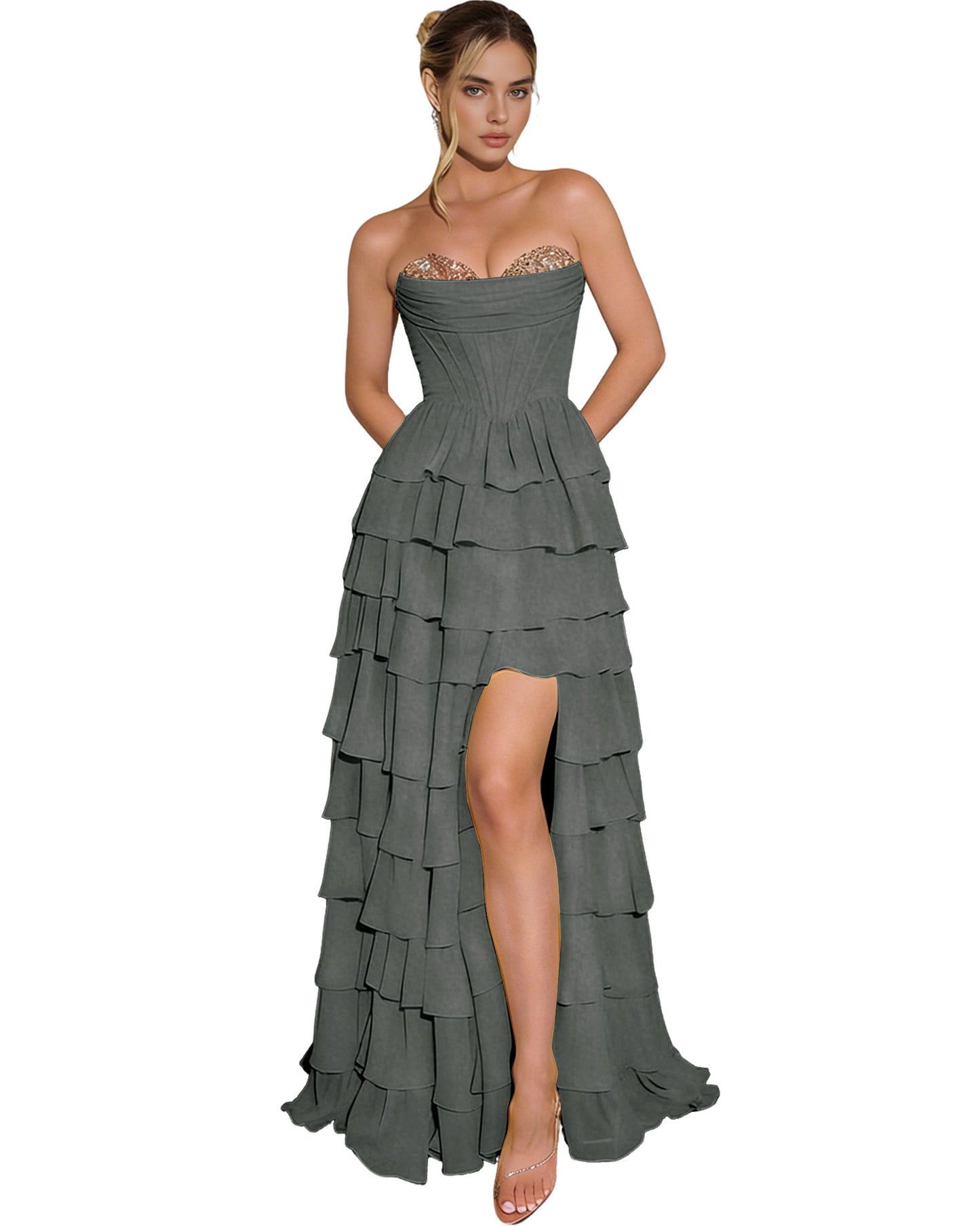 Strapless Layered Tulle Prom Dress with Corset Bodice and High Low Hem