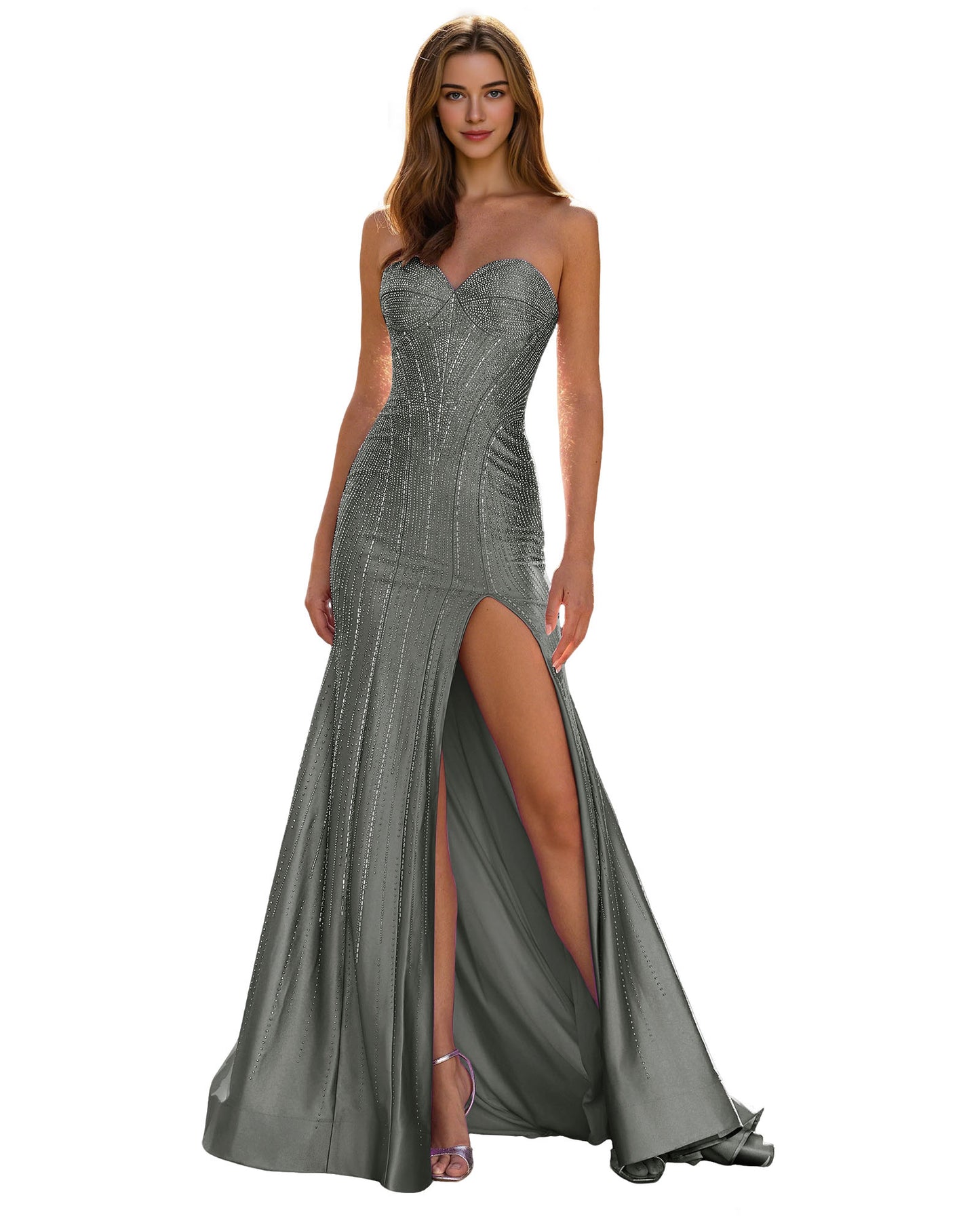 Strapless Sequin Column Prom Dress with Side Slit and Sweep Train