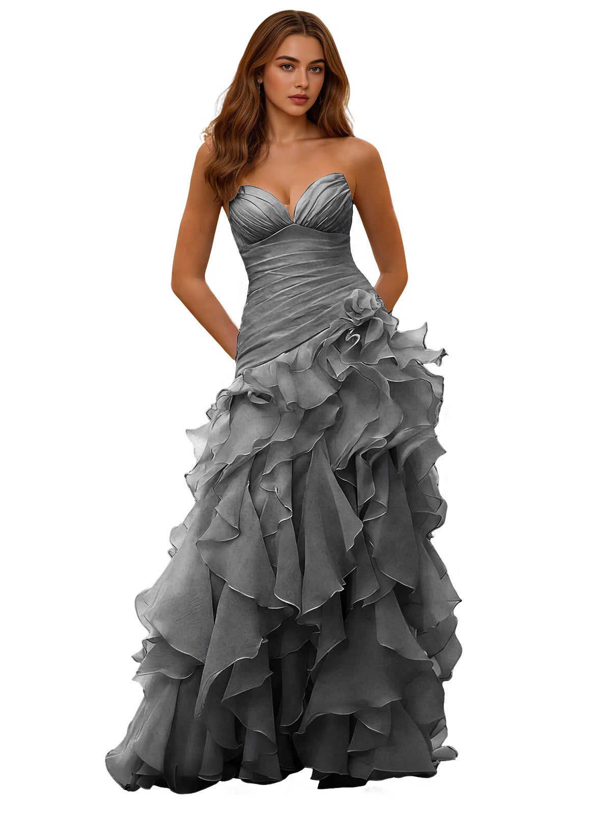 Strapless Organza Ruffle Ball Gown Prom Dress with Draped Corset Bodice